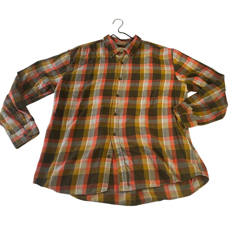 St. Johns Bay Mens XL Plaid Button Down Shirt Orange Brown Flannel 100% Cotton
